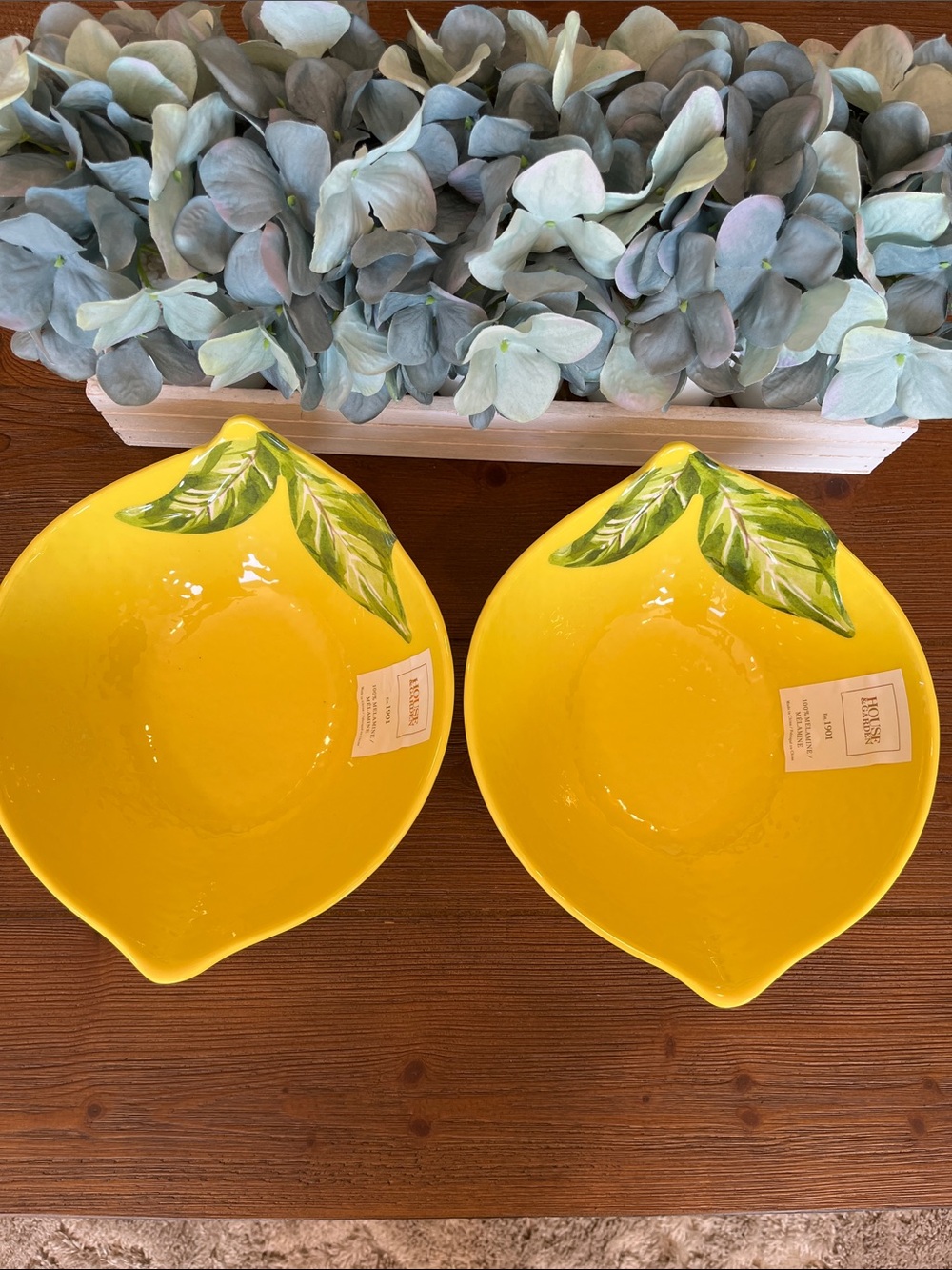 NWT Bright Yellow Lemon-Shaped Melamine Small Serving Bowls with Leaf - Set of 2